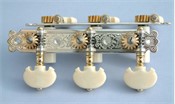 L640a: Baker style engraved sterling silver side plates with reverse gearing, bright steel worms, low profile pips, cream colored rollers, synthetic ivory traditional buttons