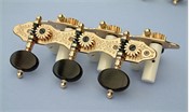 L299: Hauser style engraved brass side plates, ebony oval buttons, cream colored rollers